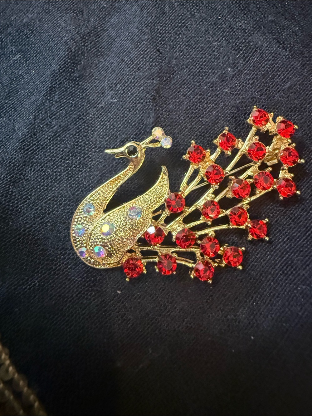 Gold Peacock Brooch with Red Crystal Tail